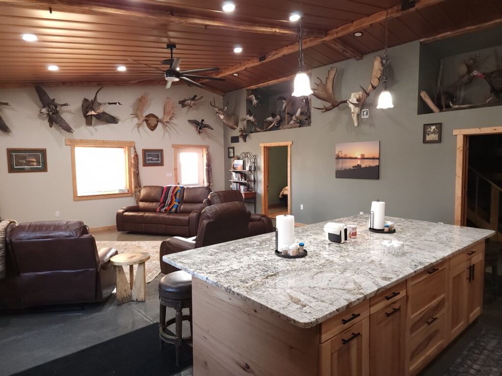 Our Main Lodge has a spacious, open-concept floor plan with a large taxidermy collection