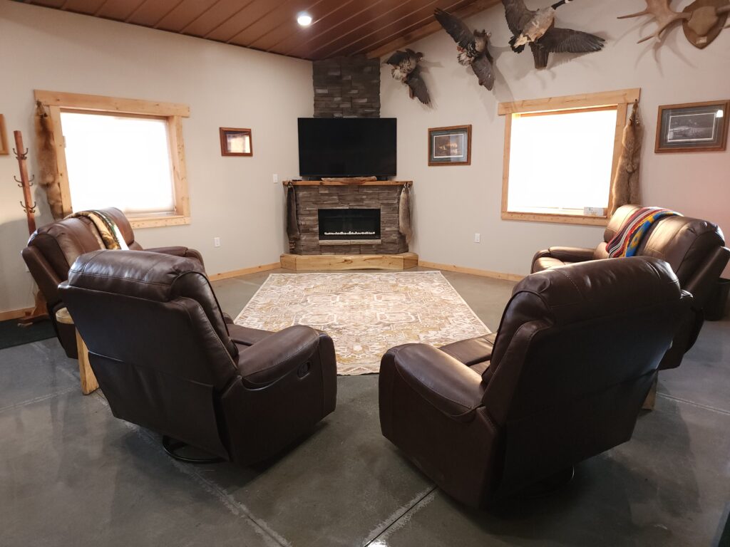 Fireplace and TV in the Main Lodge